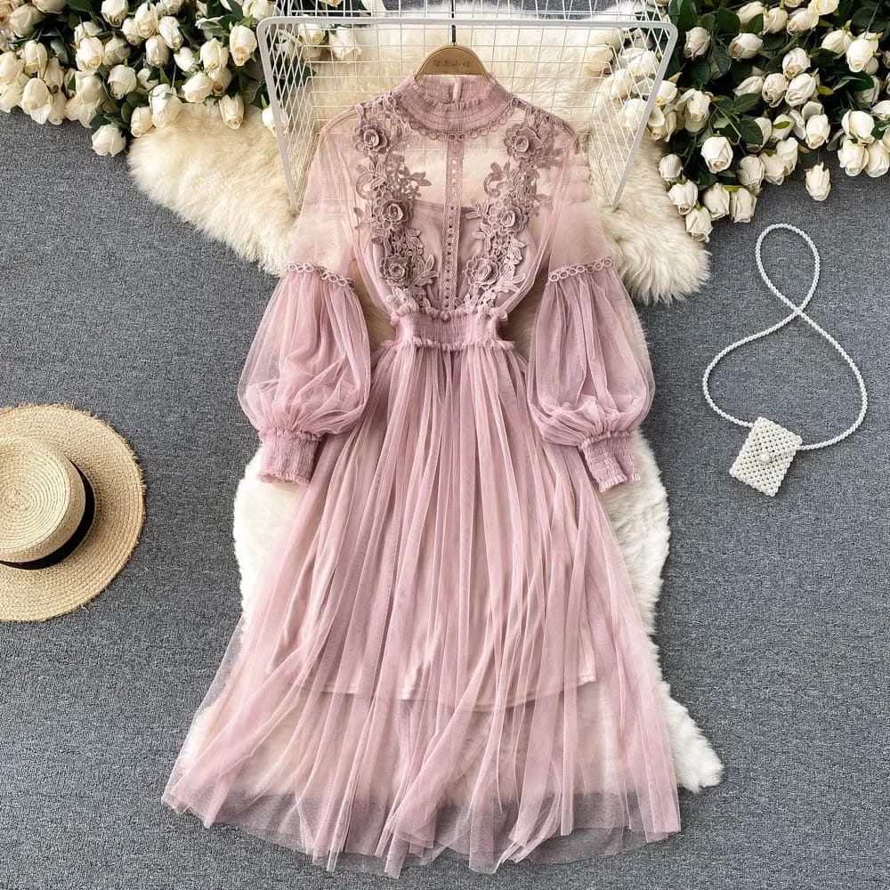 Ladies Dress Three-dimensional Flower Hook Mesh Temperament Stand Collar Lantern Sleeve High Waist Slim Female Dresses