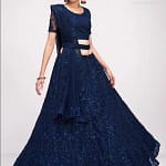 Navy Blue Lehenga Choli Prom Dresses with Wrap Embroidered Indian Choli With Soft Net Dupatta Long Sleeve Evening Gown