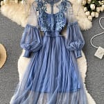 Ladies Dress Three-dimensional Flower Hook Mesh Temperament Stand Collar Lantern Sleeve High Waist Slim Female Dresses