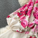 Elegant Gorgeous Print Flower Dresses Women Stand Collar Long Lantern Sleeve Linen Belt Single-Breasted Maxi Robe Clothes 6235