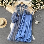 Ladies Dress Three-dimensional Flower Hook Mesh Temperament Stand Collar Lantern Sleeve High Waist Slim Female Dresses