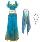 New Women's Indian Boho Bollywood Belly Dance Hippie Gypsy Dress Belly Dance Costume Top Long Skirt  Belt Sari headpiece Blue
