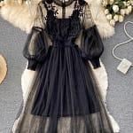 Ladies Dress Three-dimensional Flower Hook Mesh Temperament Stand Collar Lantern Sleeve High Waist Slim Female Dresses