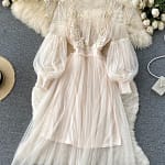 Ladies Dress Three-dimensional Flower Hook Mesh Temperament Stand Collar Lantern Sleeve High Waist Slim Female Dresses