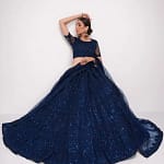 Navy Blue Lehenga Choli Prom Dresses with Wrap Embroidered Indian Choli With Soft Net Dupatta Long Sleeve Evening Gown
