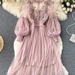 Ladies Dress Three-dimensional Flower Hook Mesh Temperament Stand Collar Lantern Sleeve High Waist Slim Female Dresses