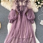 Ladies Dress Three-dimensional Flower Hook Mesh Temperament Stand Collar Lantern Sleeve High Waist Slim Female Dresses