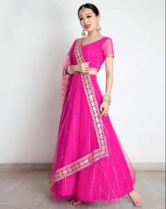 India Women's Saree  Embroidery Georgette Rhinestones Dance Stage Lehenga Suit Rose Red