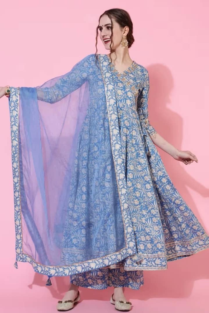 Indian Ethnic Style Blue Pure Cotton Floral Dress With Printed Casual Daily Three Piece Set Shivering Indian Saree Indian Sari