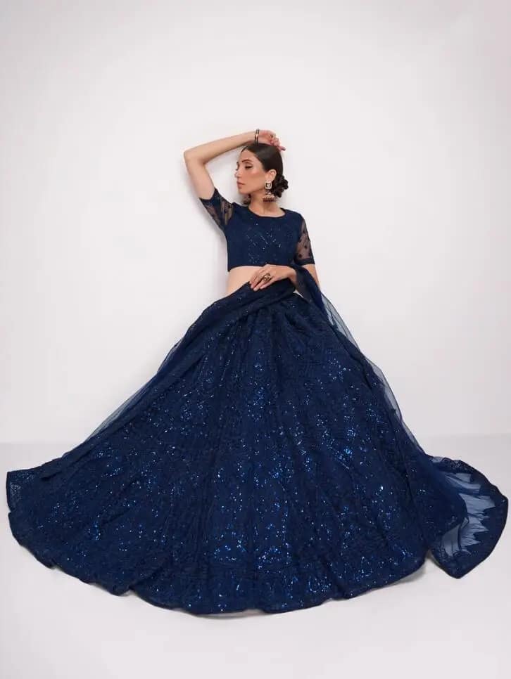 Navy Blue Lehenga Choli Prom Dresses with Wrap Embroidered Indian Choli With Soft Net Dupatta Long Sleeve Evening Gown