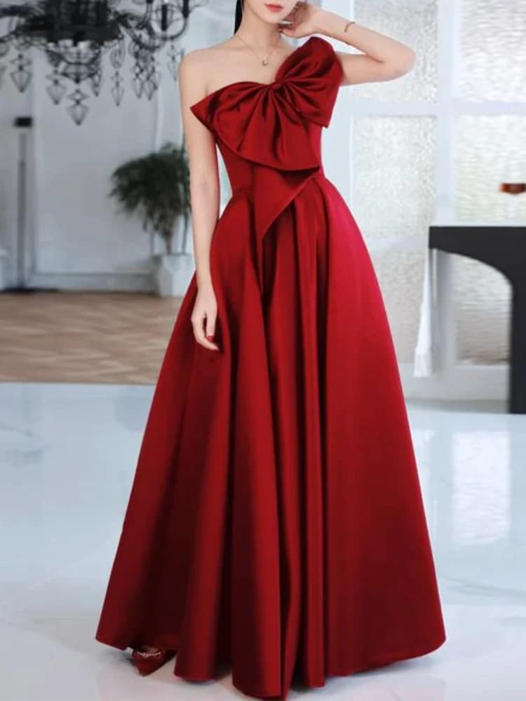 Elegant Temperament Prom Vestidos Bow Draped One-shoulder Strapless Cross Lace Up Graduation Dress Trendy Party Evening Dresses
