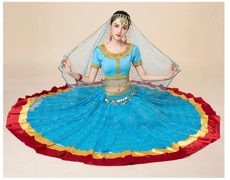 New Women's Indian Boho Bollywood Belly Dance Hippie Gypsy Dress Belly Dance Costume Top Long Skirt  Belt Sari headpiece Blue
