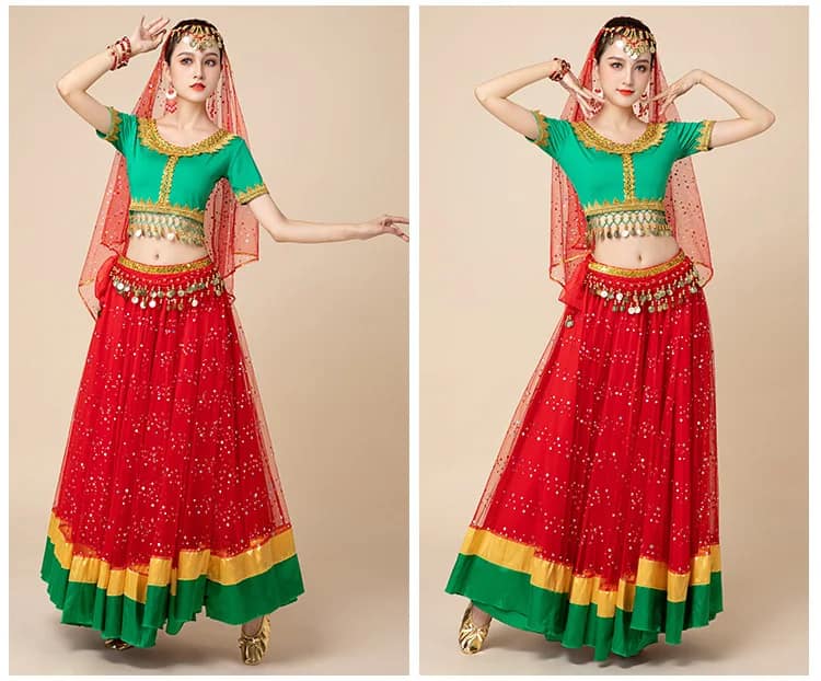 New Women's Indian Boho Bollywood Belly Dance Hippie Gypsy Dress Belly Dance Costume Top Long Skirt  Belt Sari headpiece Blue