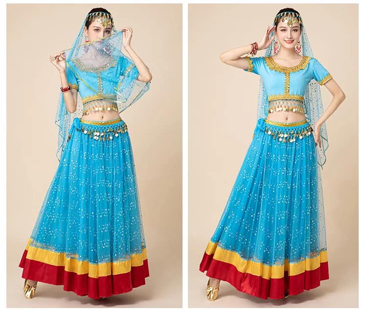 New Women's Indian Boho Bollywood Belly Dance Hippie Gypsy Dress Belly Dance Costume Top Long Skirt  Belt Sari headpiece Blue