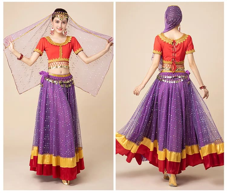 New Women's Indian Boho Bollywood Belly Dance Hippie Gypsy Dress Belly Dance Costume Top Long Skirt  Belt Sari headpiece Blue