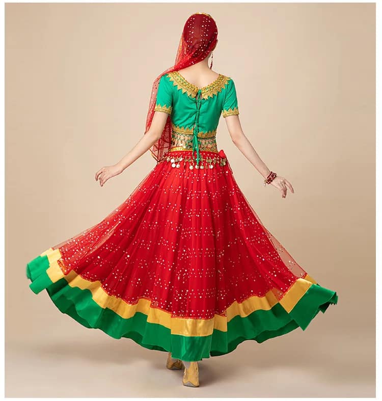 New Women's Indian Boho Bollywood Belly Dance Hippie Gypsy Dress Belly Dance Costume Top Long Skirt  Belt Sari headpiece Blue