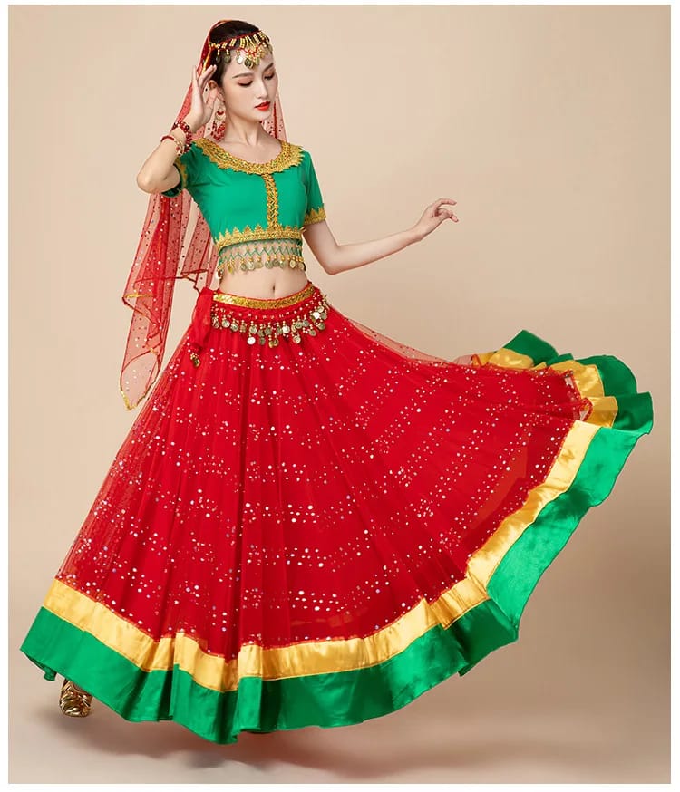 New Women's Indian Boho Bollywood Belly Dance Hippie Gypsy Dress Belly Dance Costume Top Long Skirt  Belt Sari headpiece Blue