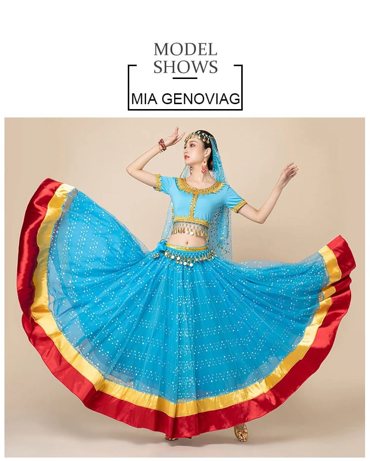 New Women's Indian Boho Bollywood Belly Dance Hippie Gypsy Dress Belly Dance Costume Top Long Skirt  Belt Sari headpiece Blue