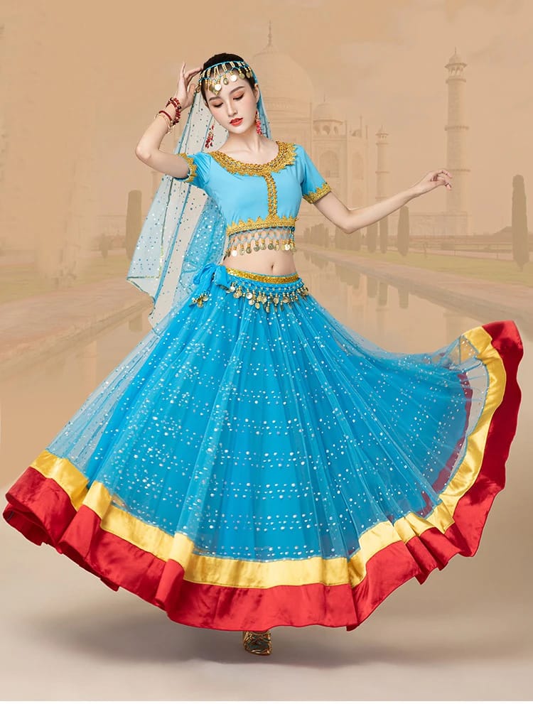 New Women's Indian Boho Bollywood Belly Dance Hippie Gypsy Dress Belly Dance Costume Top Long Skirt  Belt Sari headpiece Blue