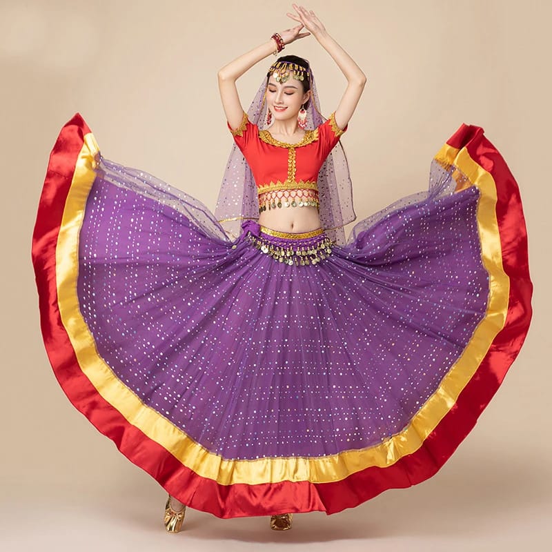 New Women's Indian Boho Bollywood Belly Dance Hippie Gypsy Dress Belly Dance Costume Top Long Skirt  Belt Sari headpiece Blue