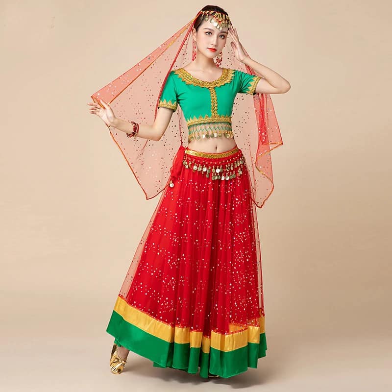 New Women's Indian Boho Bollywood Belly Dance Hippie Gypsy Dress Belly Dance Costume Top Long Skirt  Belt Sari headpiece Blue