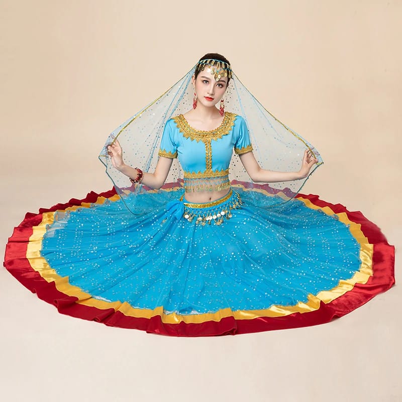 New Women's Indian Boho Bollywood Belly Dance Hippie Gypsy Dress Belly Dance Costume Top Long Skirt  Belt Sari headpiece Blue