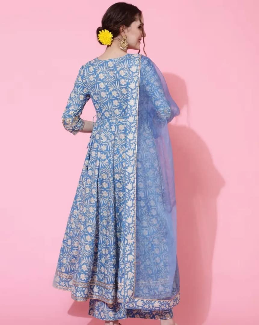Indian Ethnic Style Blue Pure Cotton Floral Dress With Printed Casual Daily Three Piece Set Shivering Indian Saree Indian Sari