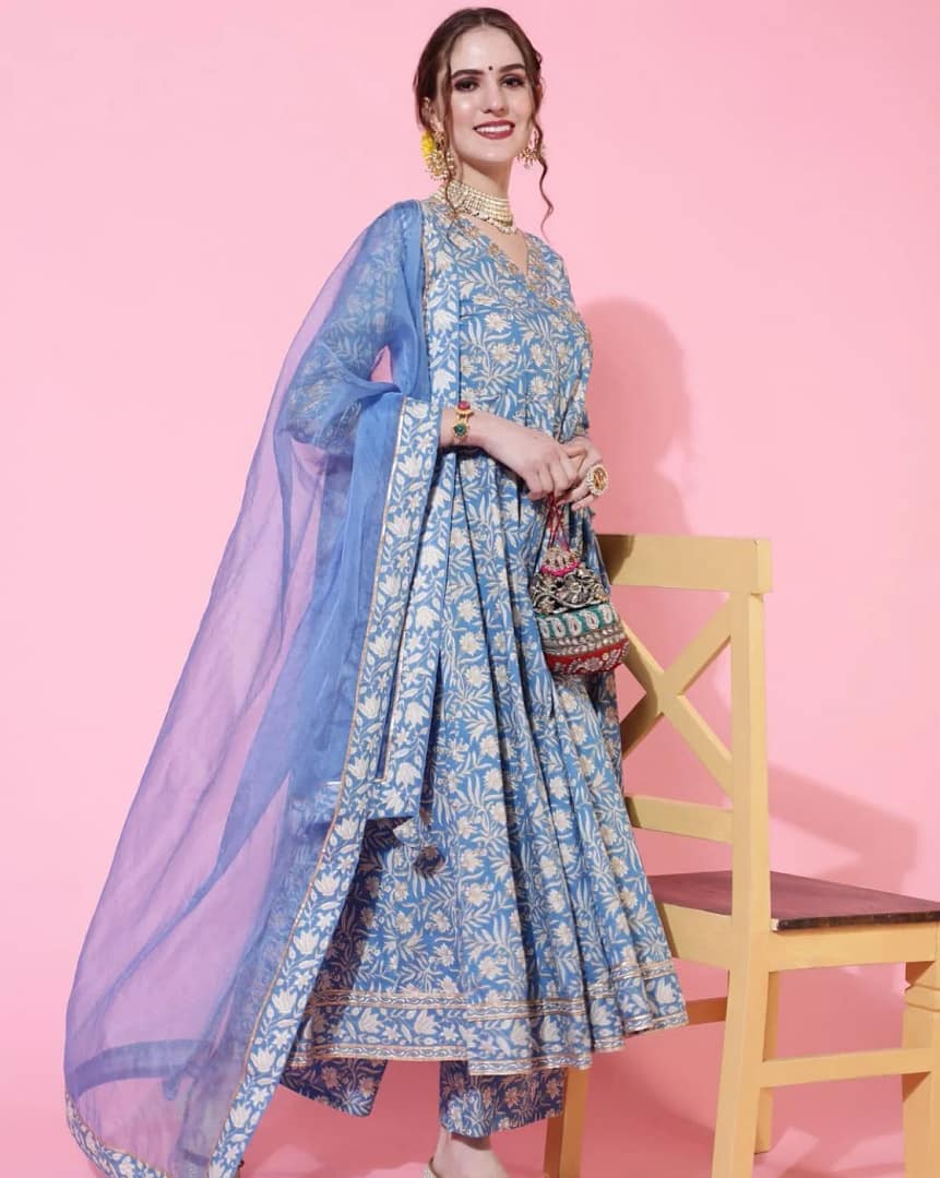 Indian Ethnic Style Blue Pure Cotton Floral Dress With Printed Casual Daily Three Piece Set Shivering Indian Saree Indian Sari